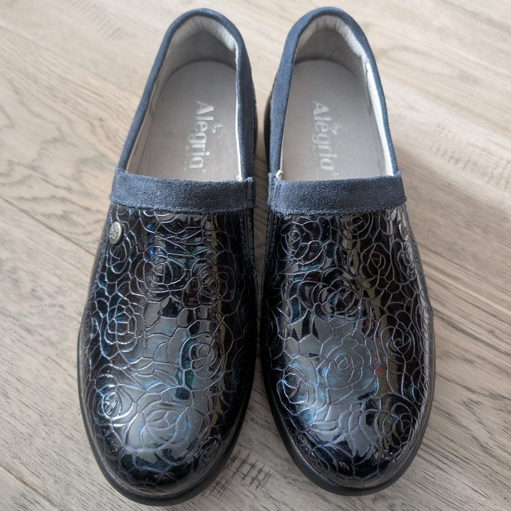 Alegria Women's Black Floral Patent Slip-On Shoes